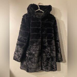 Sebby Collection Coat Faux Fur Hooded Reversible w Pockets Black Sz M